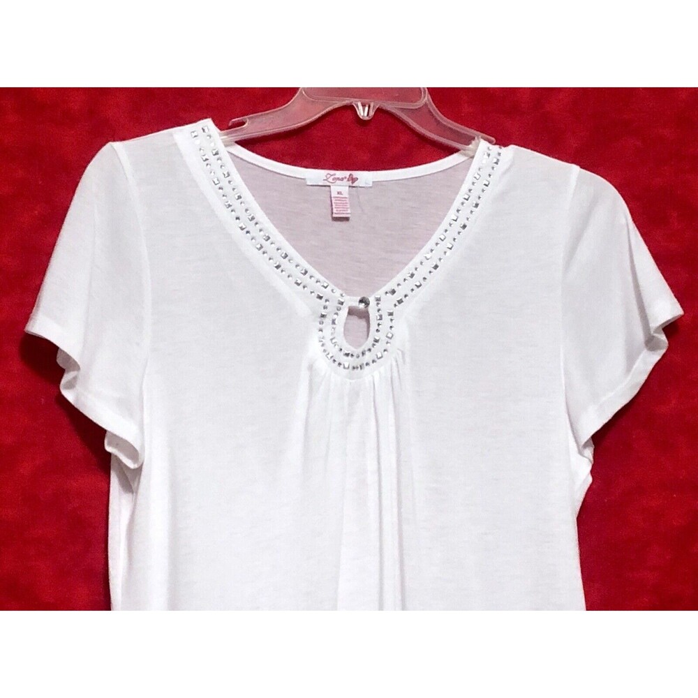 Lena White Jeweled Rhinestone Blouse Top Shirt T-Shirt XL Short Sleeve